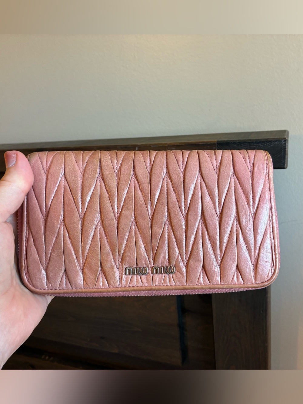 Authentic Prada Miu Miu Rose Quilted Leather Zip Around Wallet
